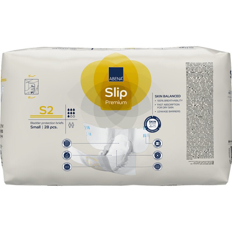 A 28-pack of ABENA Slip Premium from Abena Re-Seller GmbH, small size, in mostly white packaging with yellow and blue accents. Ideal for reliable incontinence care; product information is on the front.