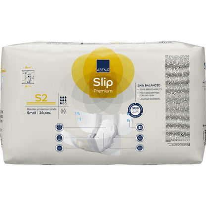 A 28-pack of ABENA Slip Premium from Abena Re-Seller GmbH, small size, in mostly white packaging with yellow and blue accents. Ideal for reliable incontinence care; product information is on the front.