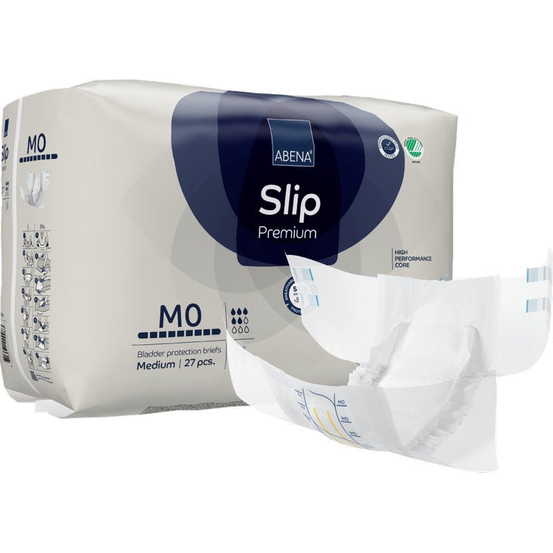 A pack of ABENA Slip Premium bladder protection slips from Abena Re-Seller GmbH, medium size, 27 pieces. The front shows a white slip with blue and gray accents, highlighting its shape and the design of incontinence care.