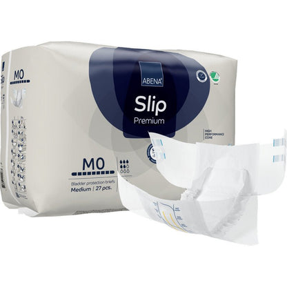 A pack of ABENA Slip Premium bladder protection slips from Abena Re-Seller GmbH, medium size, 27 pieces. The front shows a white slip with blue and gray accents, highlighting its shape and the design of incontinence care.