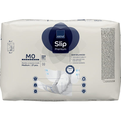 A pack of ABENA Slip Premium from Abena Re-Seller GmbH, medium size, contains 27 pieces. The predominantly white pack with blue and gray accents offers reliable incontinence care and includes detailed product information.