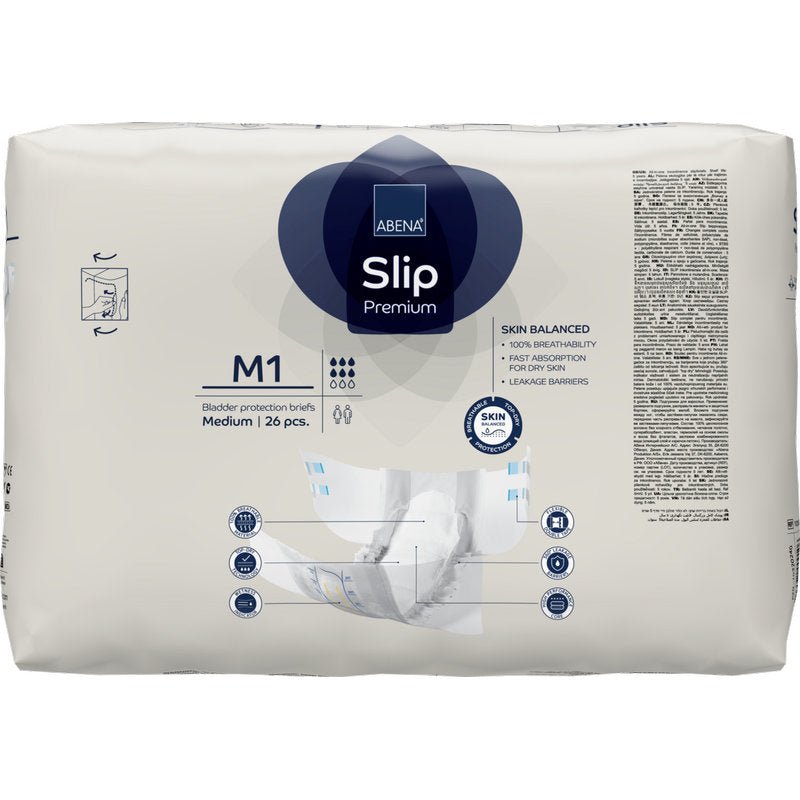 A 26-piece pack of ABENA Slip Premium from Abena Re-Seller GmbH, medium size, for effective incontinence care. White packaging with blue/gray accents, product information, and an image of a slip.
