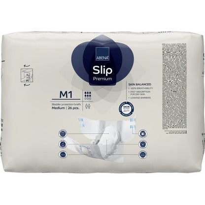 A 26-piece pack of ABENA Slip Premium from Abena Re-Seller GmbH, medium size, for effective incontinence care. White packaging with blue/gray accents, product information, and an image of a slip.