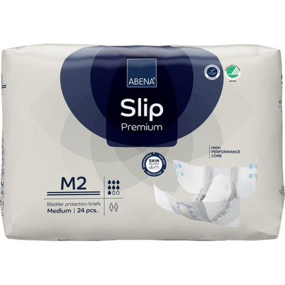 A 24-pack of ABENA Slip Premium from Abena Re-Seller GmbH, size M2 medium, offers skin-friendly, high-performance incontinence protection for comfort and safety.