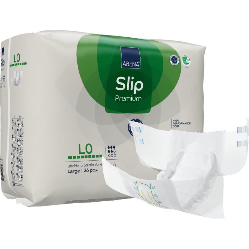 A pack of ABENA Slip Premium adult diapers from Abena Re-Seller GmbH, size large, 26 pieces per pack. An unfolded diaper is depicted in front of the green-blue packaging with visible product details.