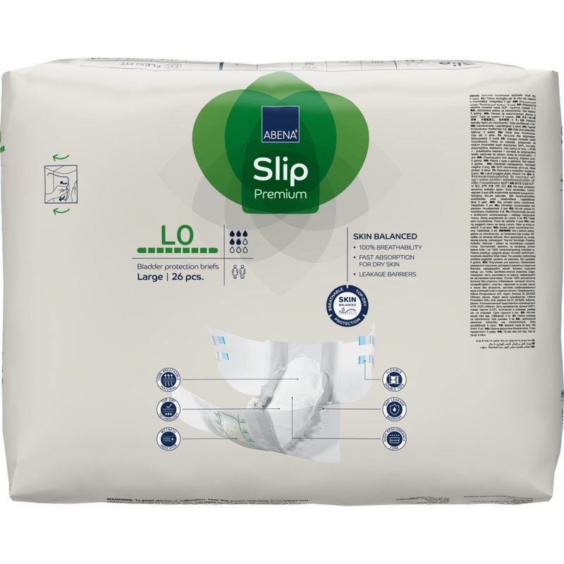 A pack of ABENA Slip Premium slips from Abena Re-Seller GmbH, large size, 26 pieces. The packaging shows product features, icons, and hands holding a slip.