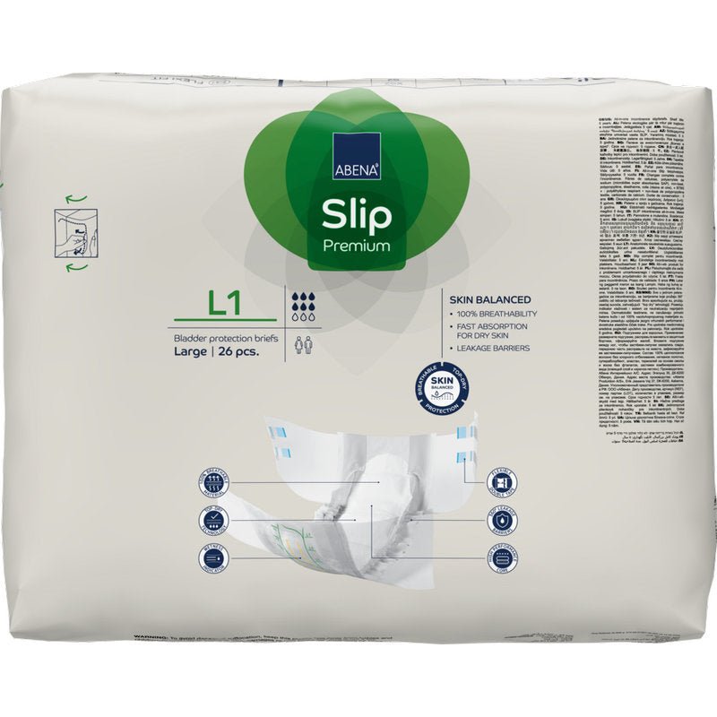 A 26-piece pack of ABENA Slip Premium from Abena Re-Seller GmbH, size large, for effective incontinence care. The predominantly white packaging has green and blue accents with product information and short images.