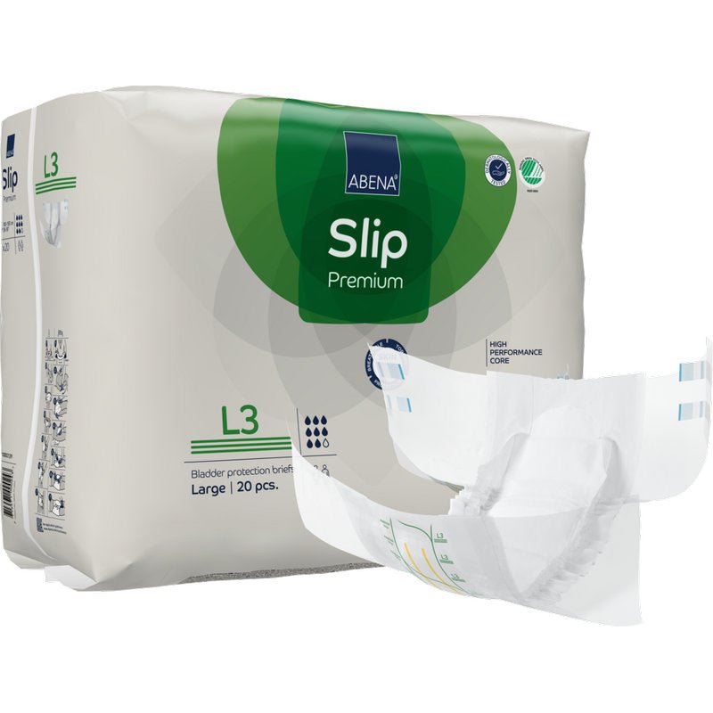 Pictured is a pack of ABENA Slip Premium adult from Abena Re-Seller GmbH, size large, 20 pieces, with white packaging with green and blue details and an unfolded slip beside it.