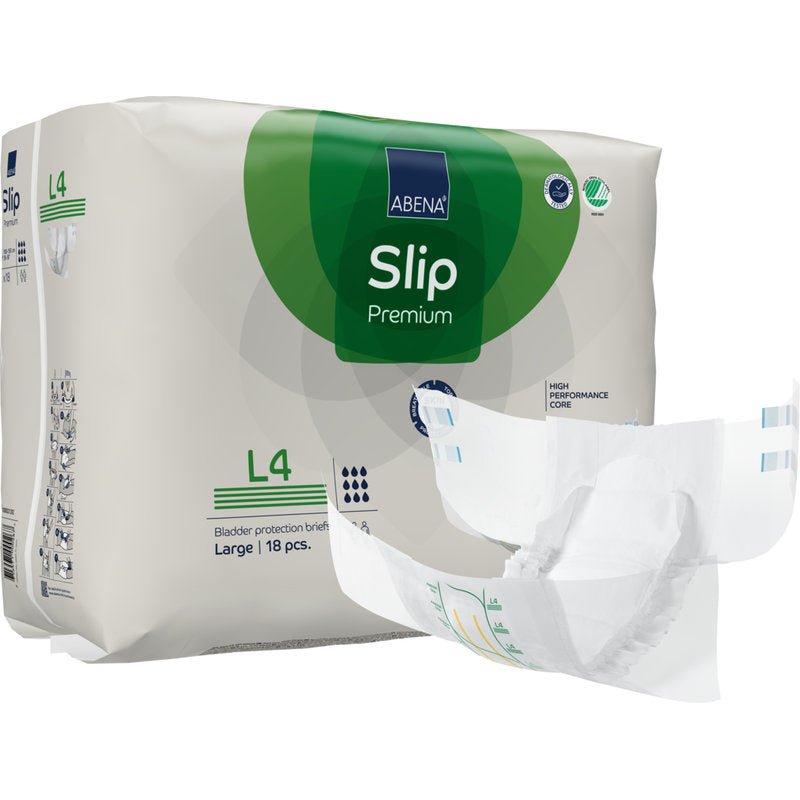 A pack of ABENA Slip Premium from Abena Re-Seller GmbH, large format (18 pieces), is shown next to an unfolded slip to highlight the design and features.
