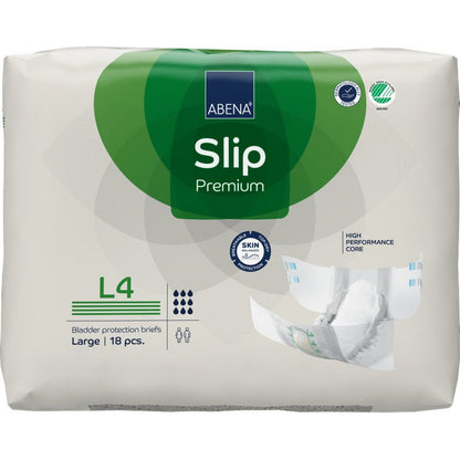A pack of ABENA Slip Premium from Abena Re-Seller GmbH, size Large (L4), contains 18 slips. The white-green packaging shows an open slip and icons for high absorbency and skin protection.