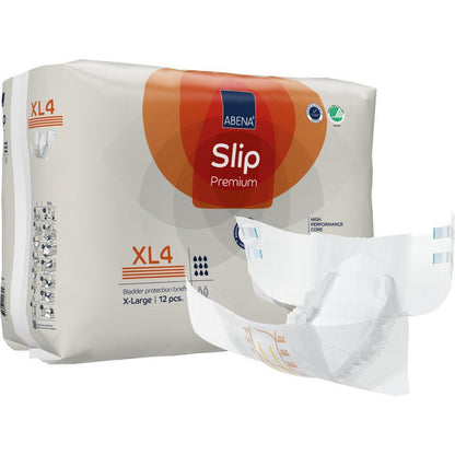 Pictured is a package of ABENA Slip Premium from Abena Re-Seller GmbH with branding and features. A folded-out diaper is visible at the front. The package contains 12 extra-large pieces for optimal incontinence care.