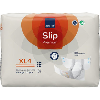 A pack of ABENA Slip Premium from Abena Re-Seller GmbH, size X-Large (XL4), contains 12 slips for incontinence. The white packaging is accented with orange and blue and shows illustrations of the slip and product features.