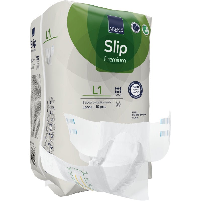 A pack of ABENA Slip Premium adult slips from Abena Re-Seller GmbH, size Large, with a slip in the front. Packaging highlights include a powerful core and skin-friendly material for optimal incontinence care.