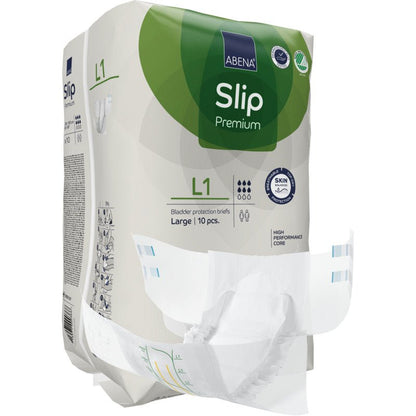 A pack of ABENA Slip Premium adult slips from Abena Re-Seller GmbH, size Large, with a slip in the front. Packaging highlights include a powerful core and skin-friendly material for optimal incontinence care.