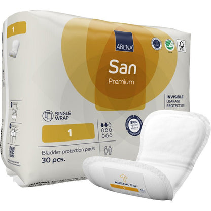Pictured is a pack of ABENA San Premium bladder protection pads (30 pieces) from Abena Re-Seller GmbH, with one pad in the foreground. The packaging highlights the high absorbency, disposable pad, leakage protection, and skin-friendly incontinence care.