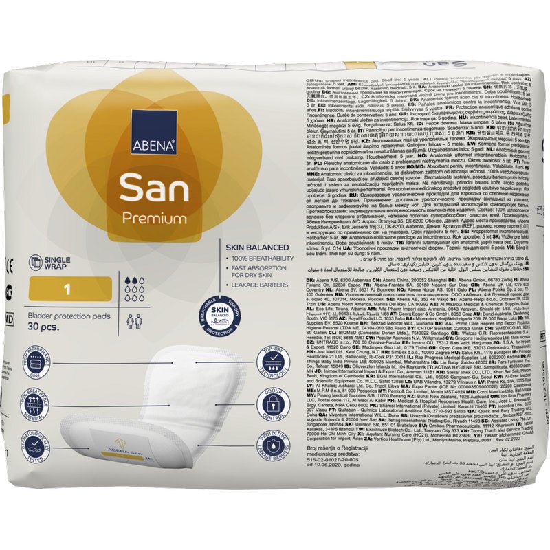A pack of ABENA San Premium from Abena Re-Seller GmbH, size 1, contains 30 pads. The packaging shows details about high absorbency, icons, and an image of the pads on a white and yellow background.