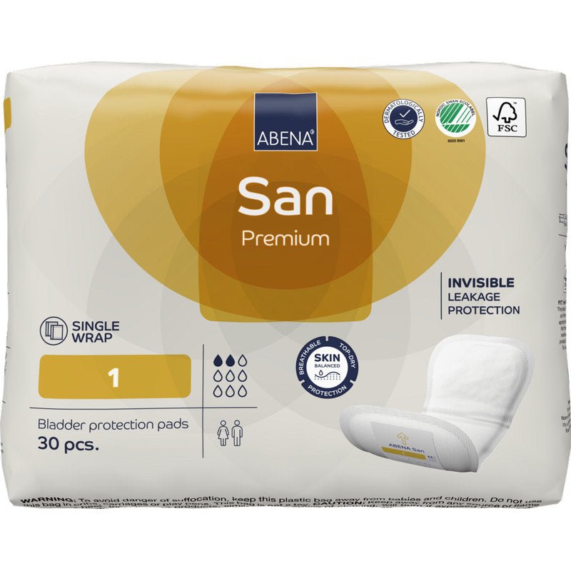 A 30-pack of ABENA San Premium pads from Abena Re-Seller GmbH for incontinence, size 1. The white-gold packaging includes information about high absorbency, product details, and certification logos.