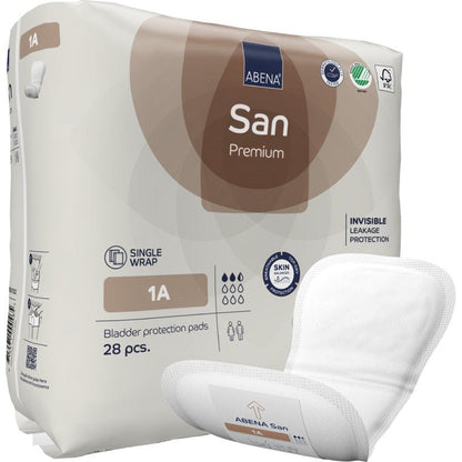 A pack of ABENA San Premium from Abena Re-Seller GmbH with 28 pieces for incontinence protection with high absorbency, disposable pad, and leakage protection; a pad is pictured on the front of the pack.