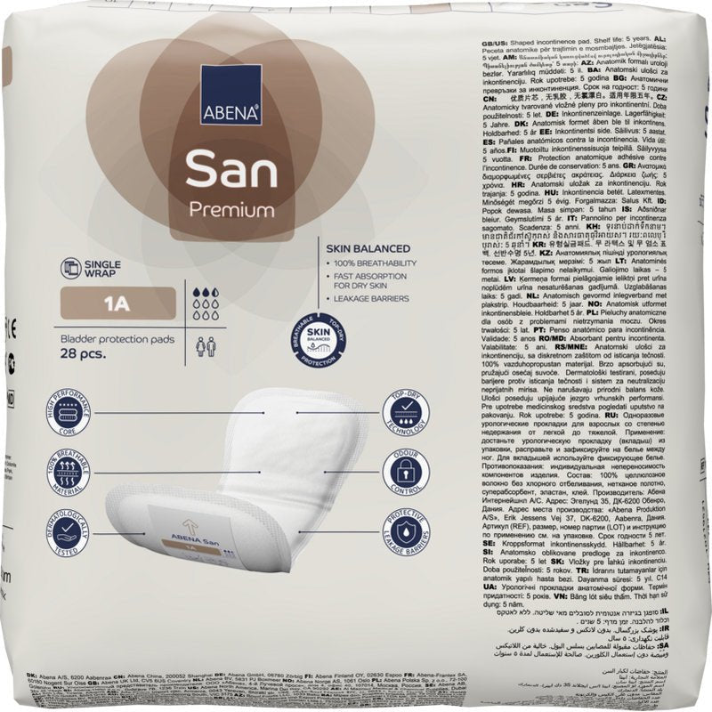 A pack of ABENA San Premium bladder protection pads from Abena Re-Seller GmbH, size 1A, contains 28 pieces. It offers high absorbency for incontinence and includes product details in multiple languages on the packaging.