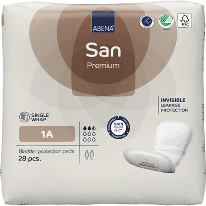 ABENA San Premium from Abena Re-Seller GmbH: 28-pack, offers high absorbency, individual packaging, invisible leakage protection, and skin-friendly design for reliable incontinence protection.