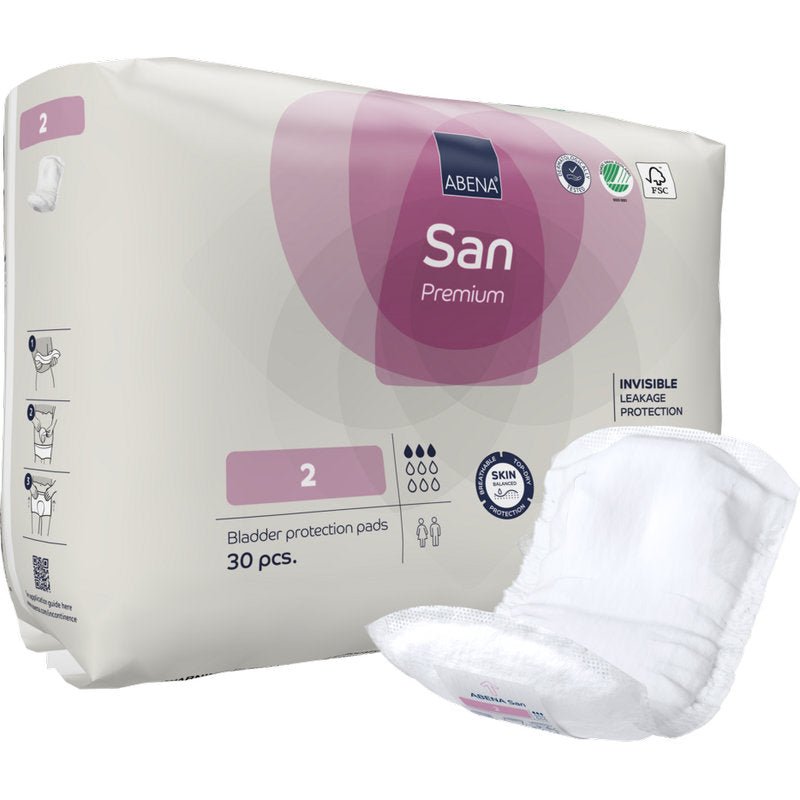 Pictured is a pack of ABENA San Premium from Abena Re-Seller GmbH with a tampon in the foreground. Each pack contains 30 pads of size 2, characterized by high absorbency, incontinence protection, leakage protection, and skin-friendliness.