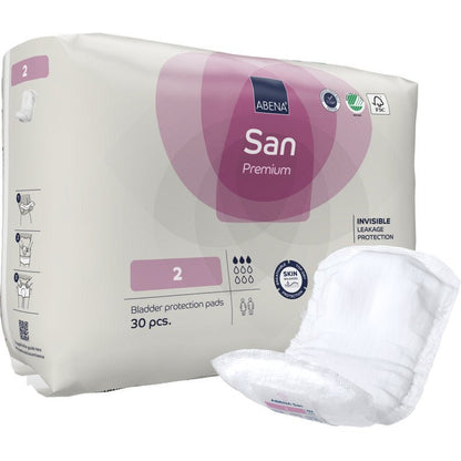Pictured is a pack of ABENA San Premium from Abena Re-Seller GmbH with a tampon in the foreground. Each pack contains 30 pads of size 2, characterized by high absorbency, incontinence protection, leakage protection, and skin-friendliness.