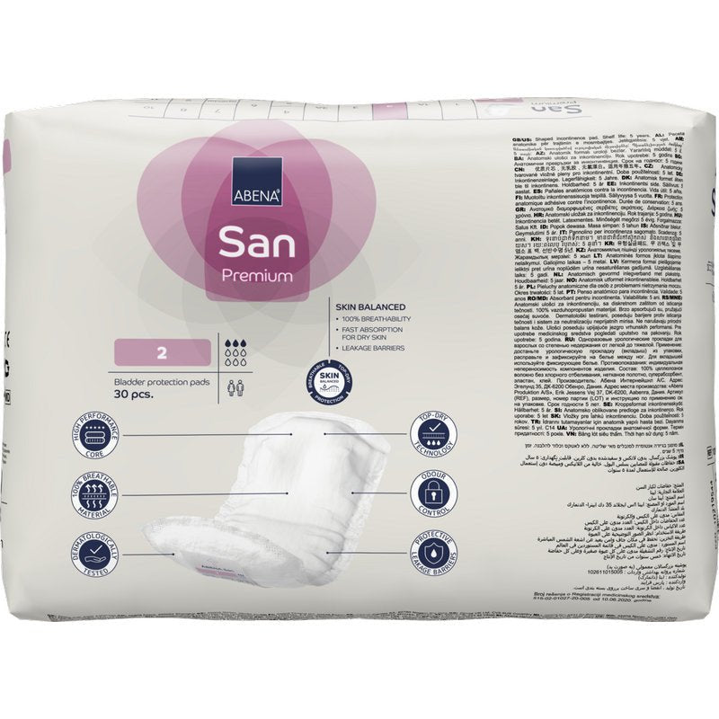 A white pack of ABENA San Premium from Abena Re-Seller GmbH with high absorbency, a large "2", branding, multilingual text, and a pad image on the front.