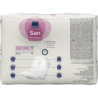 A white pack of ABENA San Premium from Abena Re-Seller GmbH with high absorbency, a large "2", branding, multilingual text, and a pad image on the front.