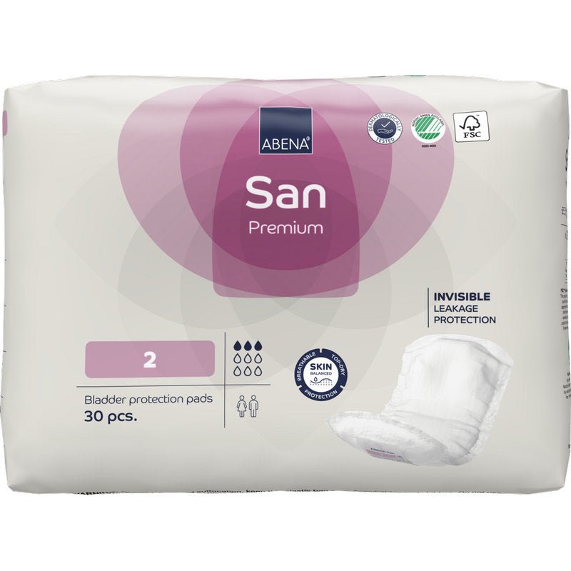 A 30-pack of ABENA San Premium from Abena Re-Seller GmbH, size 2, is characterized by high absorbency and incontinence protection, product certifications, and an image with invisible leakage protection.