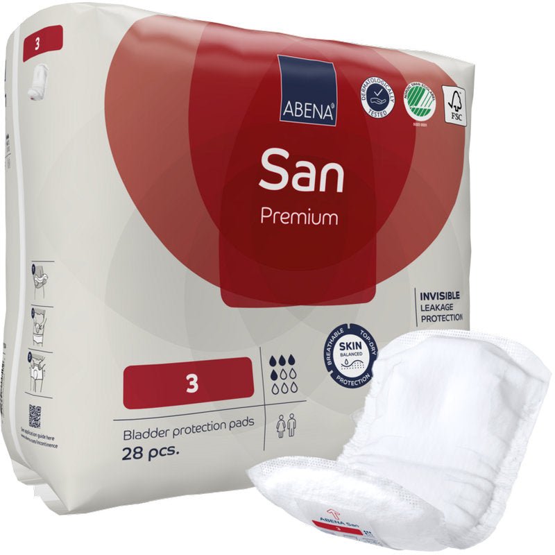 A pack of ABENA San Premium pads from Abena Re-Seller GmbH, size 3, contains 28 bladder protection pads. The outside of the pack features a pad with symbols for high absorbency and various certifications.