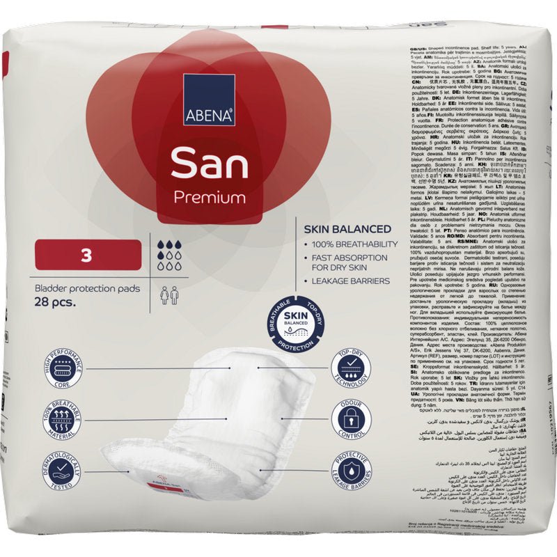 ABENA San Premium pads from Abena Re-Seller GmbH, size 3, 28 pieces per pack. The packaging is characterized by high absorbency, breathability, quick absorption, leakage barriers, and multilingual text.