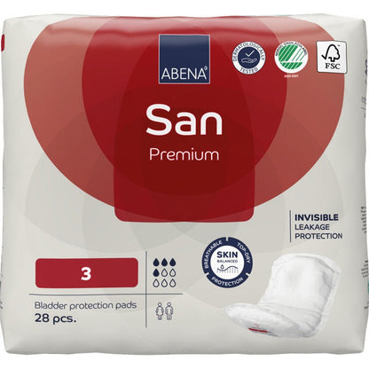 A 28-pack of ABENA San Premium (size 3) from Abena Re-Seller GmbH offers high absorbency. The predominantly white packaging is accented with red, certification logos, product information, and a tampon image at the bottom right.