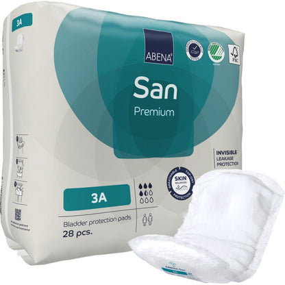 A pack of ABENA San Premium bladder protection pads from Abena Re-Seller GmbH contains 28 pads. A pad is pictured outside the pack, highlighting skin protection, incontinence protection, and high absorbency.
