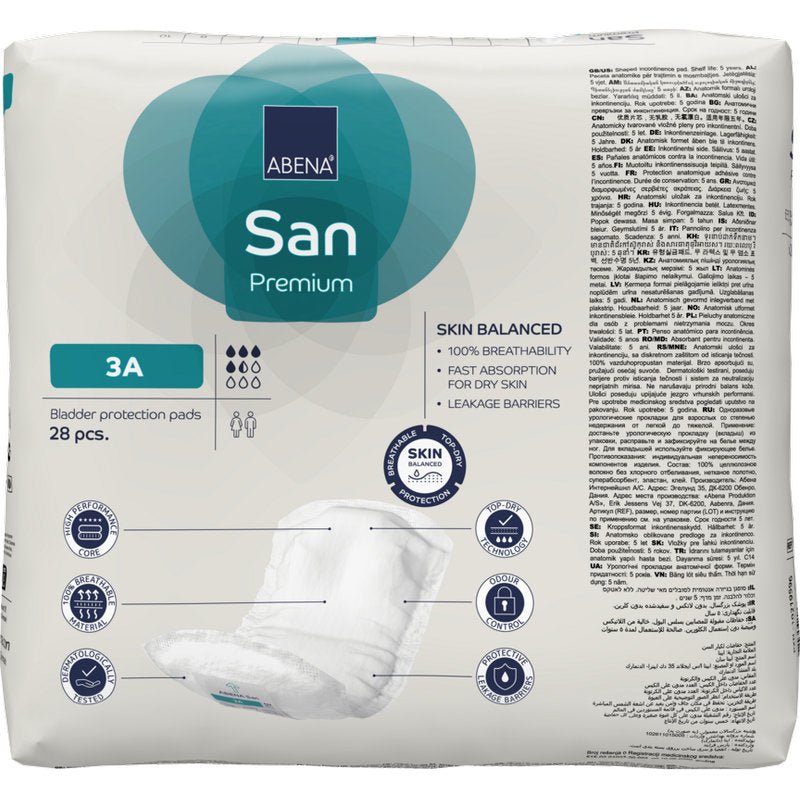 A 28-pack of ABENA San Premium from Abena Re-Seller GmbH offers high absorbency, skin balance, breathability, quick absorption, and reliable incontinence protection with leakage barriers.