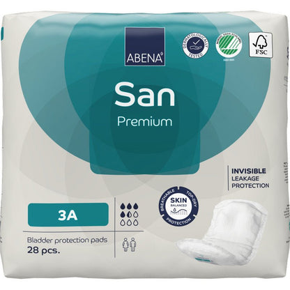 A 28-piece pack of ABENA San Premium tampons from Abena Re-Seller GmbH, characterized by high absorbency, invisible leakage protection, and skin balance. Certification logos and a tampon image are pictured at the bottom right of the packaging.