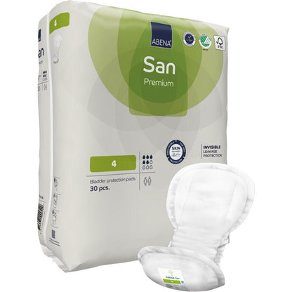 A pack of ABENA San Premium bladder protection pads from Abena Re-Seller GmbH, with a pad on the front. The white-green pack is adorned with symbols for high absorbency, skin-friendliness, and incontinence protection.