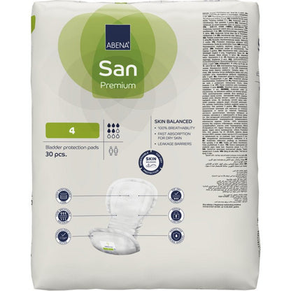 A 30-pack of ABENA San Premium from Abena Re-Seller GmbH, size 4 for incontinence, is characterized by high absorbency, important product details, application instructions, and benefit symbols on the packaging.