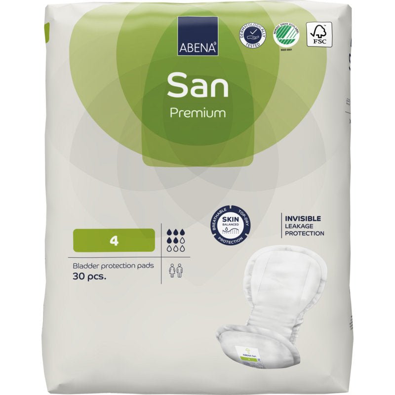 A pack of ABENA San Premium from Abena Re-Seller GmbH, size 4, contains 30 pieces. The white packaging with green accents informs about incontinence protection, skin protection, high absorbency, and leakage protection.