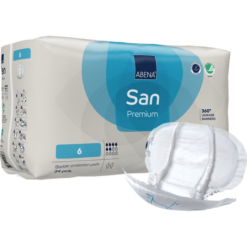 Pictured is a pack of ABENA San Premium from Abena Re-Seller GmbH, size 6 with 34 pads. A pad is depicted on the front. The packaging has a blue-white branding and offers high absorbency for reliable bladder protection.