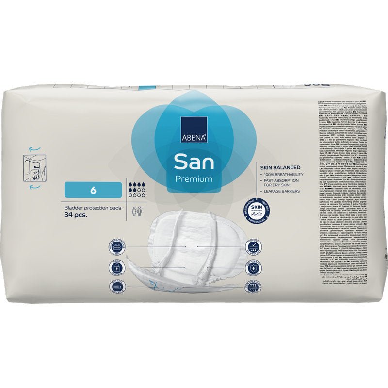 A pack of ABENA San Premium bladder protection pads from Abena Re-Seller GmbH, size 6, with high absorbency for reliable incontinence protection. The white packaging has blue and gray accents, product information, and an image of the pad on the front.