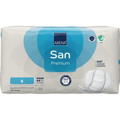 A pack of ABENA San Premium from Abena Re-Seller GmbH, size 6, contains 34 bladder protection pads. The white-blue packaging is characterized by high absorbency, 360° leak protection, and skin-friendly protection.