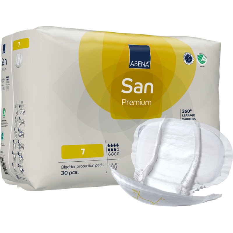 Pictured is a pack of ABENA San Premium from Abena Re-Seller GmbH, size 7 (30 pieces), with a tampon in front. The packaging highlights 360° leak barriers and high absorbency for optimal incontinence protection.