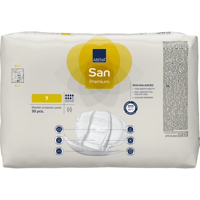 A 30-pack of ABENA San Premium from Abena Re-Seller GmbH, size 7, comes in a cream-colored packaging with high absorbency and an illustration of the pad for optimal incontinence protection.