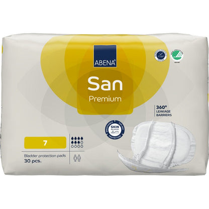 A 30-pack of ABENA San Premium from Abena Re-Seller GmbH, size 7. The mostly white packaging with yellow accents shows the pad and icons that offer high absorbency for optimal incontinence protection.