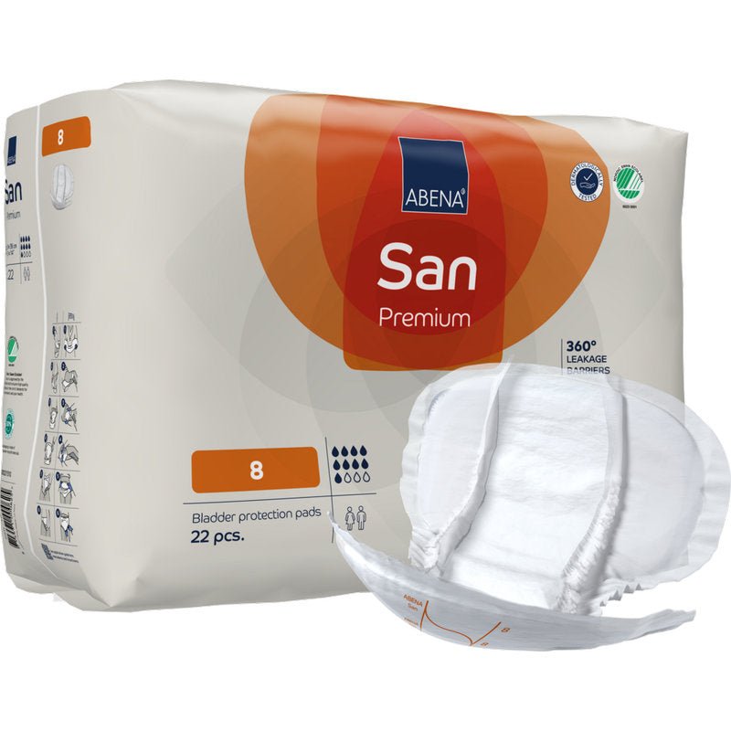 A pack of ABENA San Premium from Abena Re-Seller GmbH, size 8, with 22 templates for incontinence protection. A highly absorbent pad is depicted on the front to highlight its shape and design.