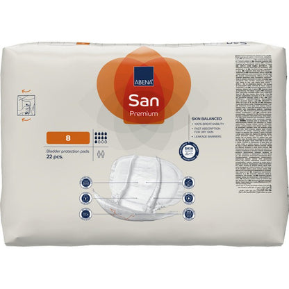 A pack with 22 ABENA San Premium incontinence pads (size 8) from Abena Re-Seller GmbH, with high absorbency, clear branding, tampon illustration, and symbols on the front.