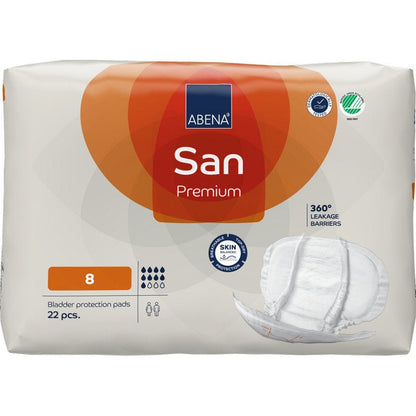 A pack of ABENA San Premium from Abena Re-Seller GmbH, size 8, contains 22 pads. The predominantly white packaging with orange and blue accents shows tampon images and highlights the high absorbency for optimal incontinence protection.