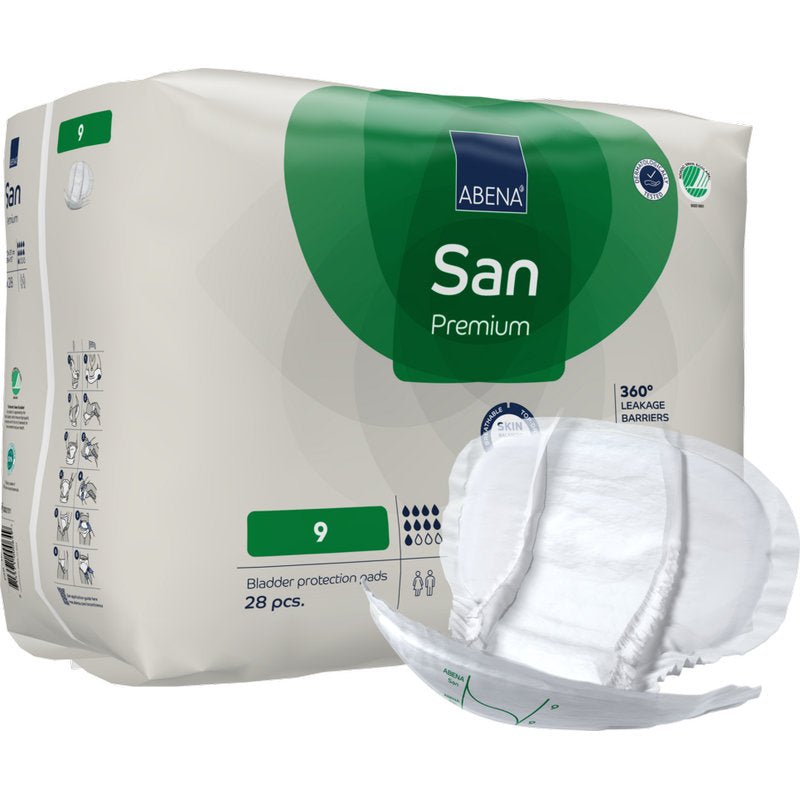A beige pack with green and white accents shows "ABENA San Premium" from Abena Re-Seller GmbH. On the front, it says "9", high absorbency, 28 pieces inside, and a pad is depicted on the front.