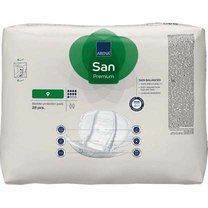 A 28-pack of ABENA San Premium bladder protection pads from Abena Re-Seller GmbH, size 9, comes in a white packaging with green and blue accents and highlights high absorbency and incontinence protection on the front.