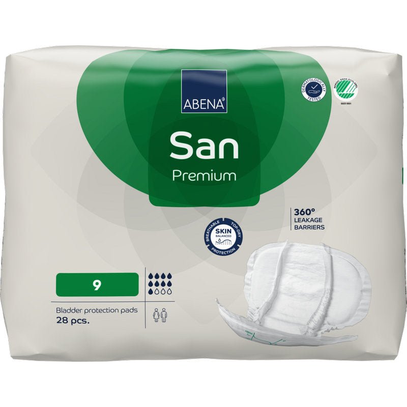 A 28-piece pack of ABENA San Premium from Abena Re-Seller GmbH, size 9. The predominantly white packaging with green accents advertises "high absorbency", "360° leak protection", and skin-friendly incontinence protection.